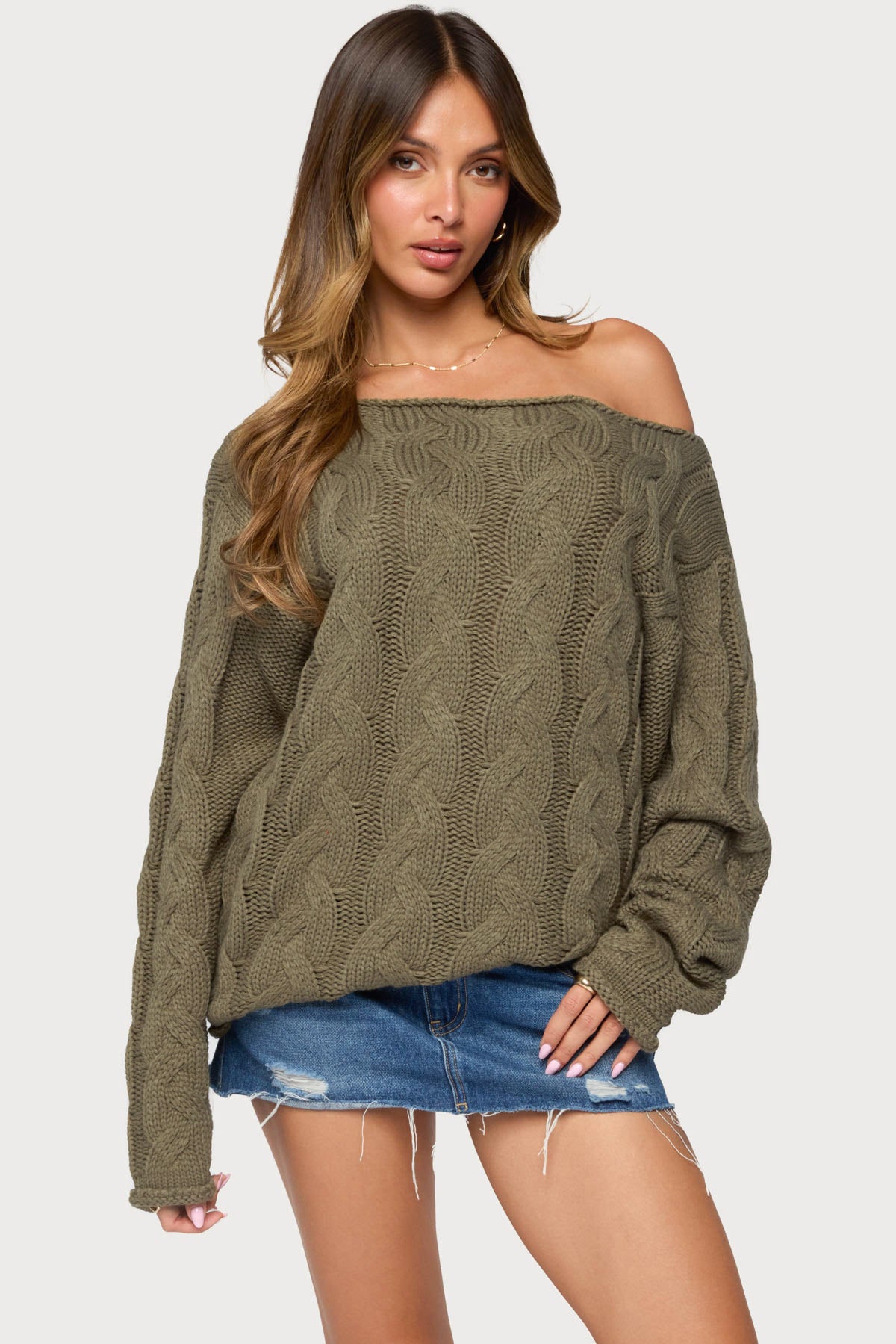 Nellie Off Shoulder Cable Knit Sweater - OLIVE