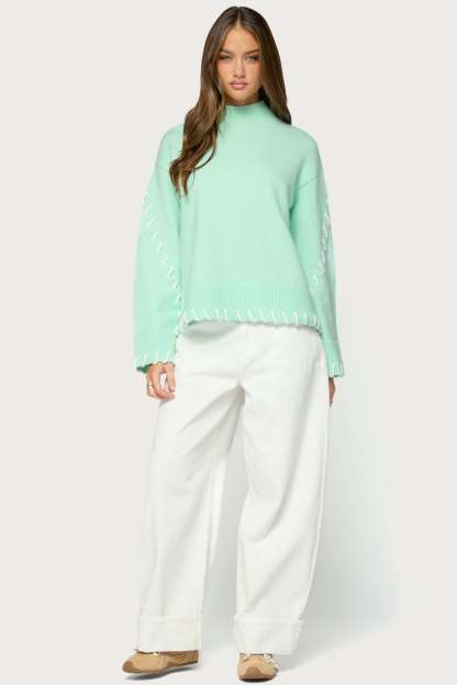 Indah Contrast Stitch Oversized Sweater - AQUA