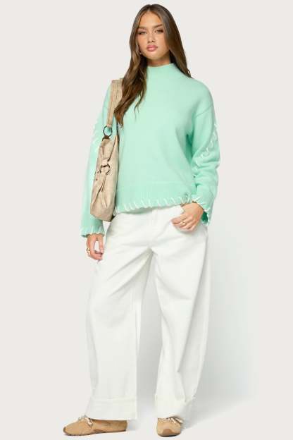 Indah Contrast Stitch Oversized Sweater - AQUA