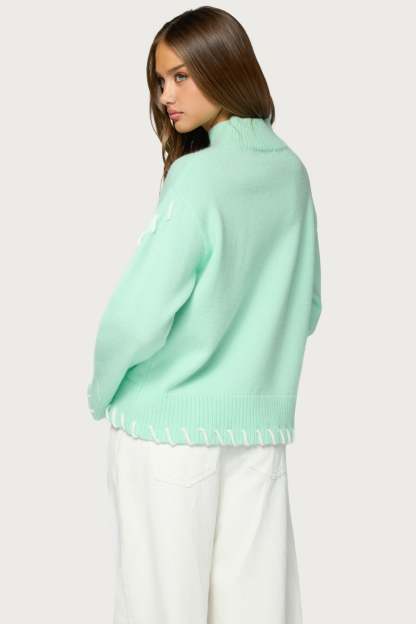 Indah Contrast Stitch Oversized Sweater - AQUA