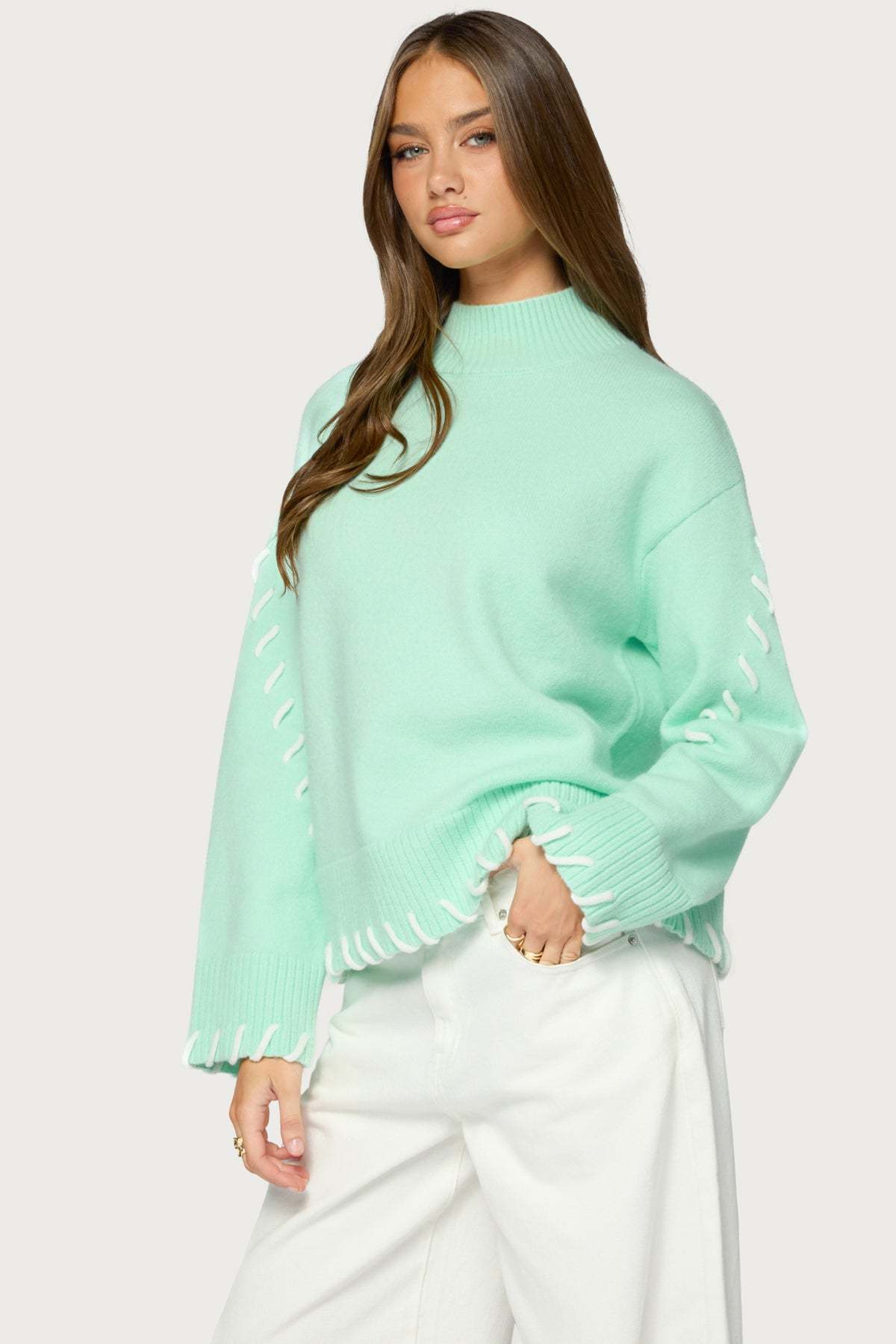 Indah Contrast Stitch Oversized Sweater - AQUA