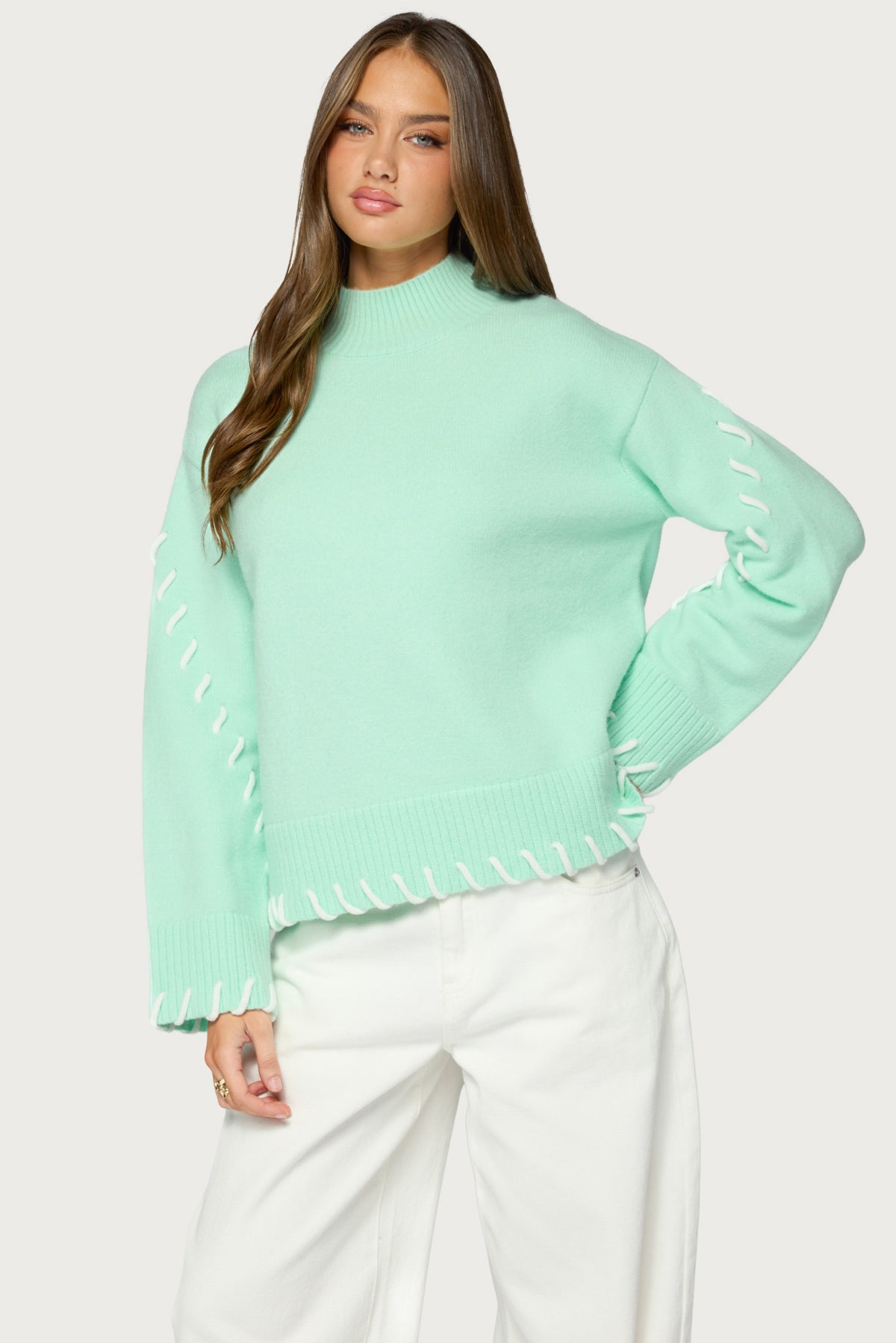 Indah Contrast Stitch Oversized Sweater - AQUA