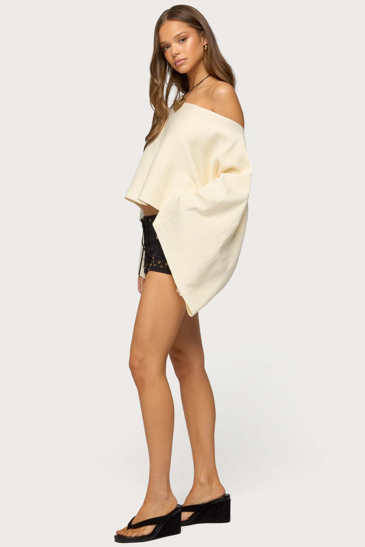 Sharla Off Shoulder Poncho Sweater - CREAM