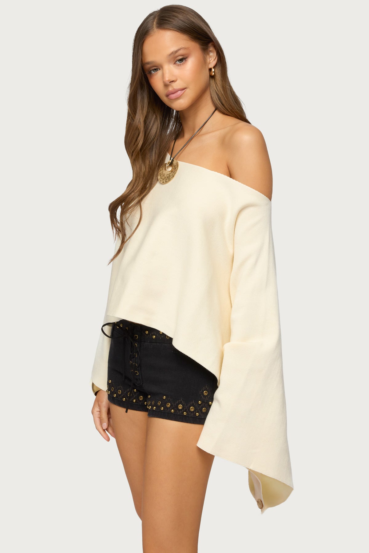 Sharla Off Shoulder Poncho Sweater - CREAM