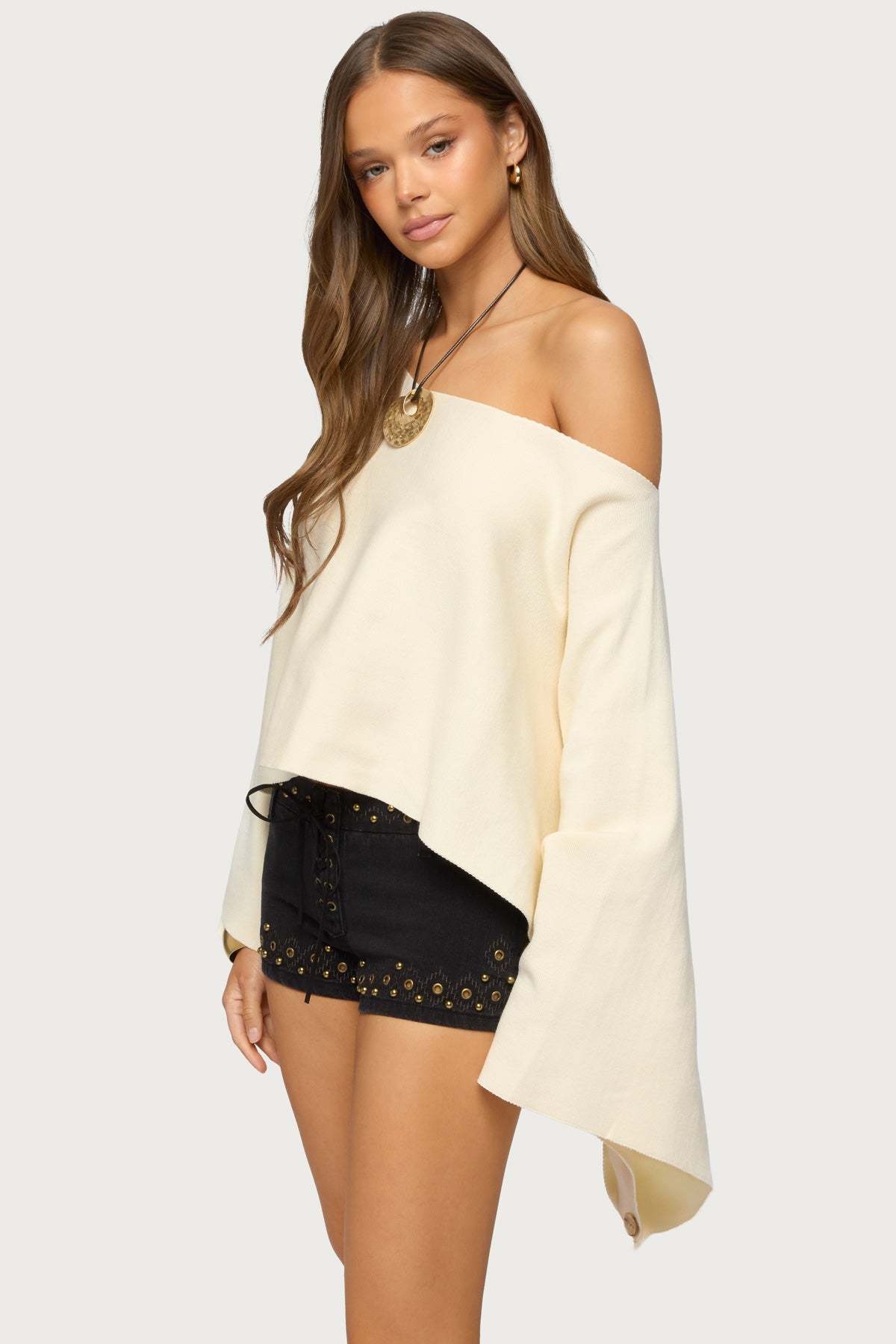 Sharla Off Shoulder Poncho Sweater - CREAM
