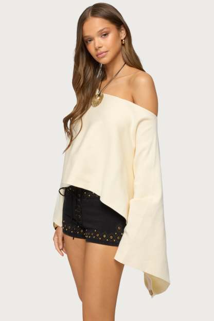 Sharla Off Shoulder Poncho Sweater - CREAM