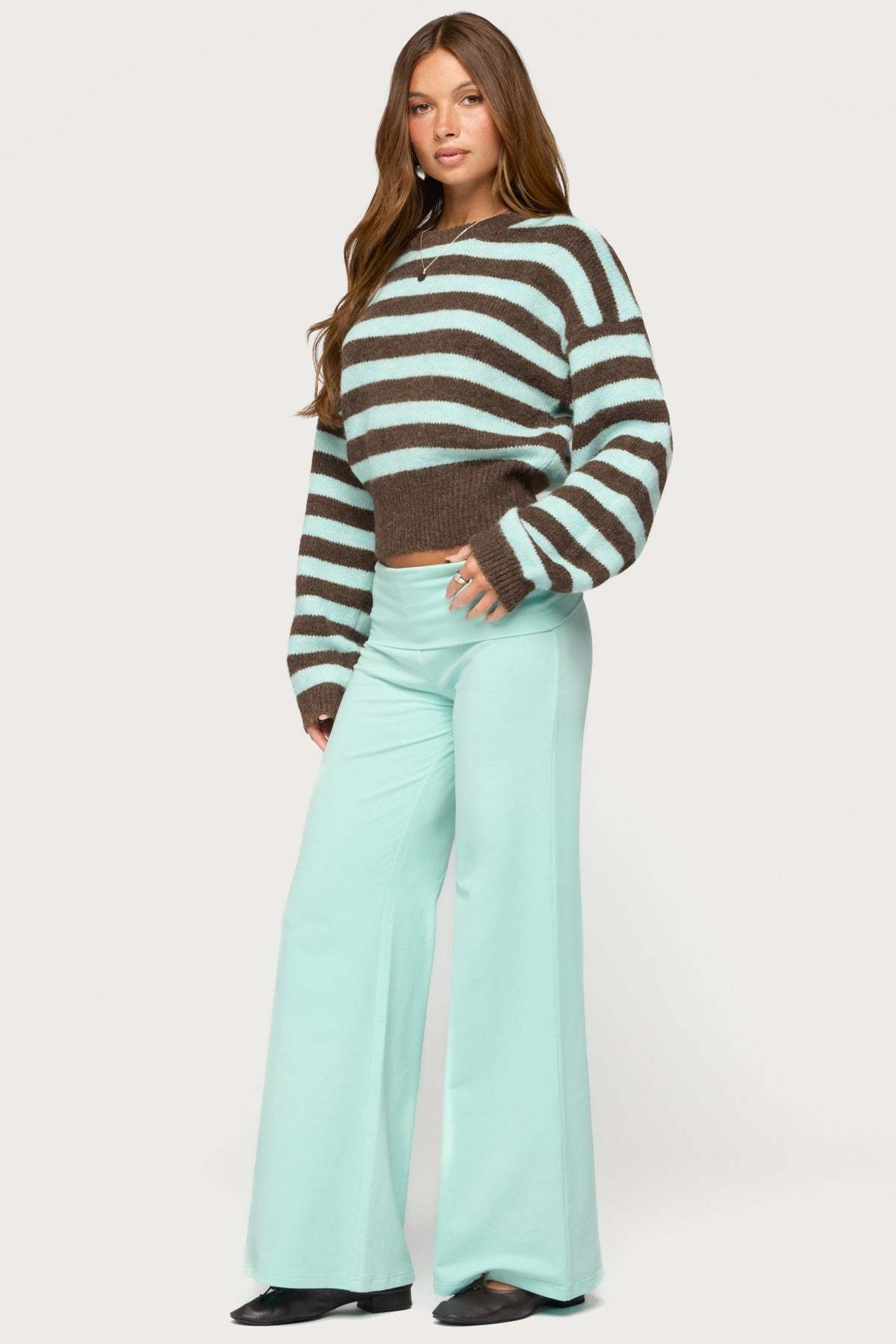 Penelope Fuzzy Striped Sweater - LIGHT-BLUE-AND-BROWN