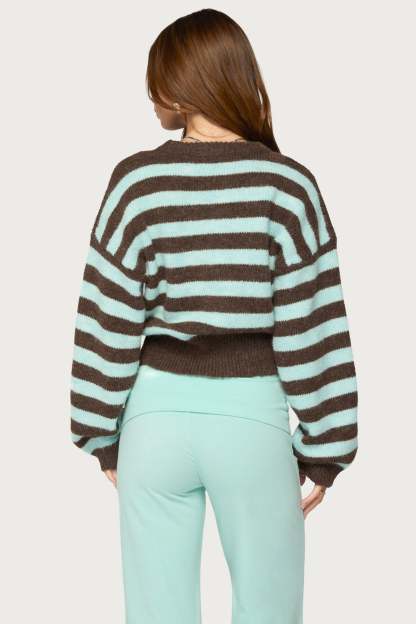Penelope Fuzzy Striped Sweater - LIGHT-BLUE-AND-BROWN