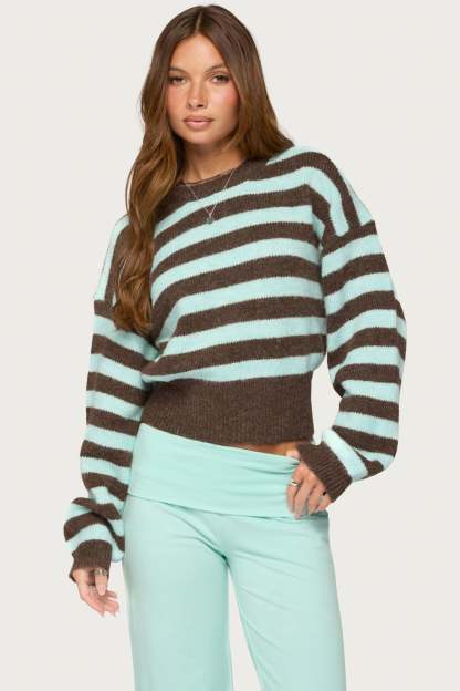 Penelope Fuzzy Striped Sweater - LIGHT-BLUE-AND-BROWN