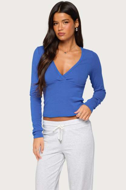 Doron V Neck Long Sleeve Top - BLUE