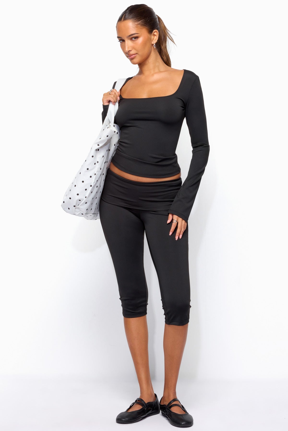 Ravena Foldover Capri Leggings - BLACK