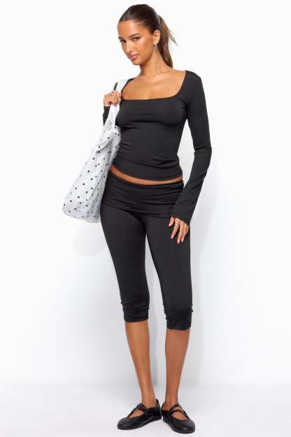 Ravena Foldover Capri Leggings - BLACK