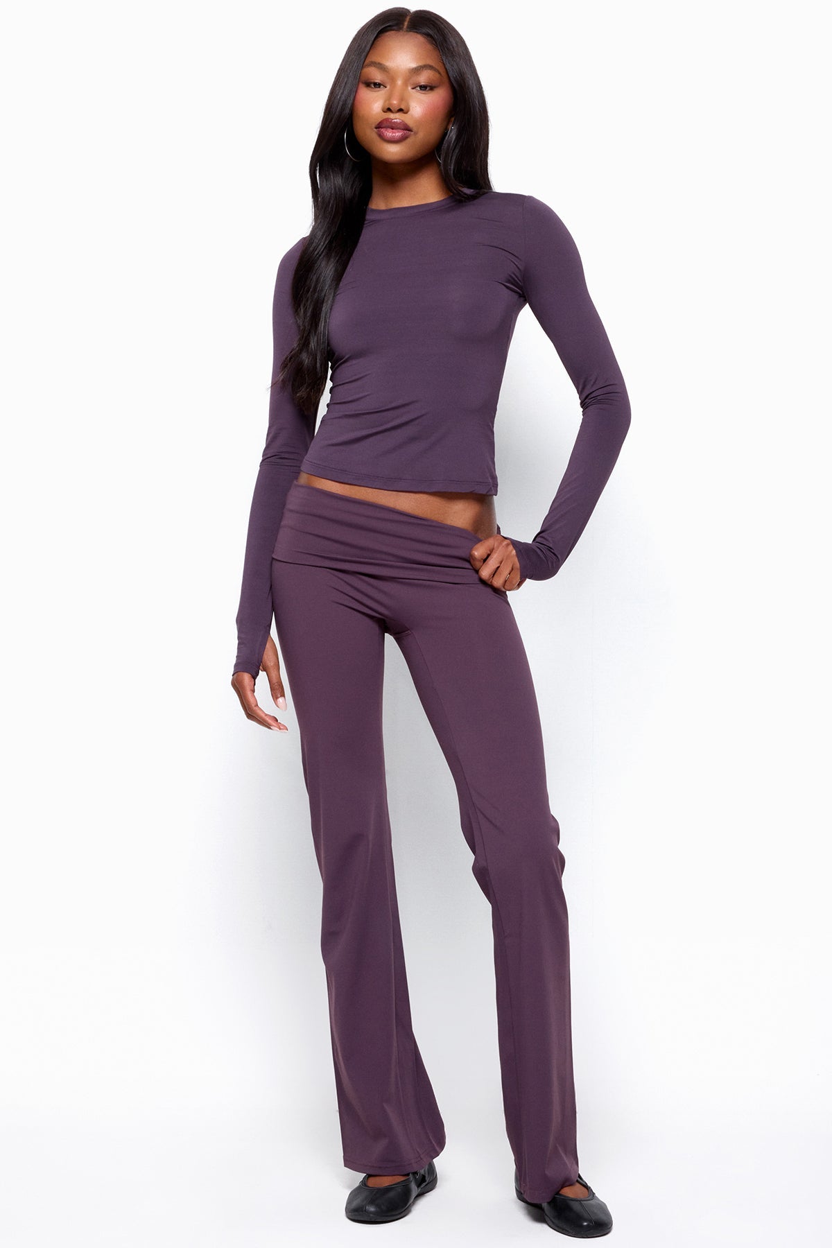 Oriane Foldover Flared Leggings - PLUM