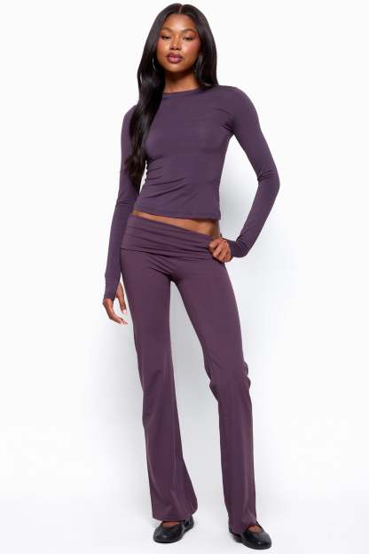 Oriane Foldover Flared Leggings - PLUM
