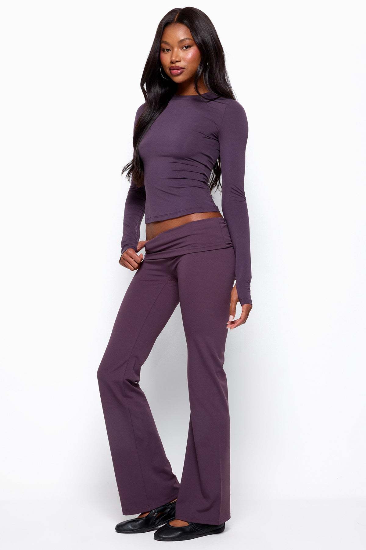 Oriane Foldover Flared Leggings - PLUM