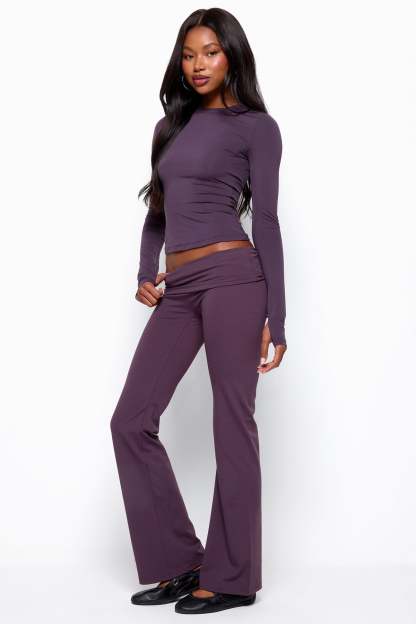 Oriane Foldover Flared Leggings - PLUM