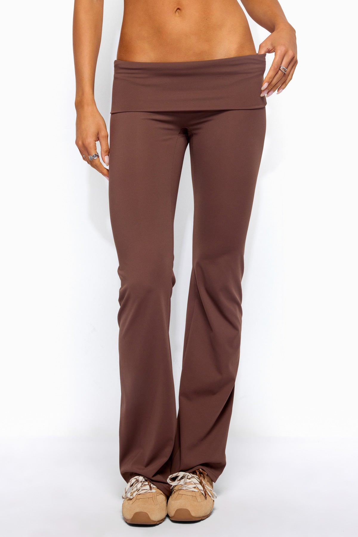 Oriane Foldover Flared Leggings - BROWN