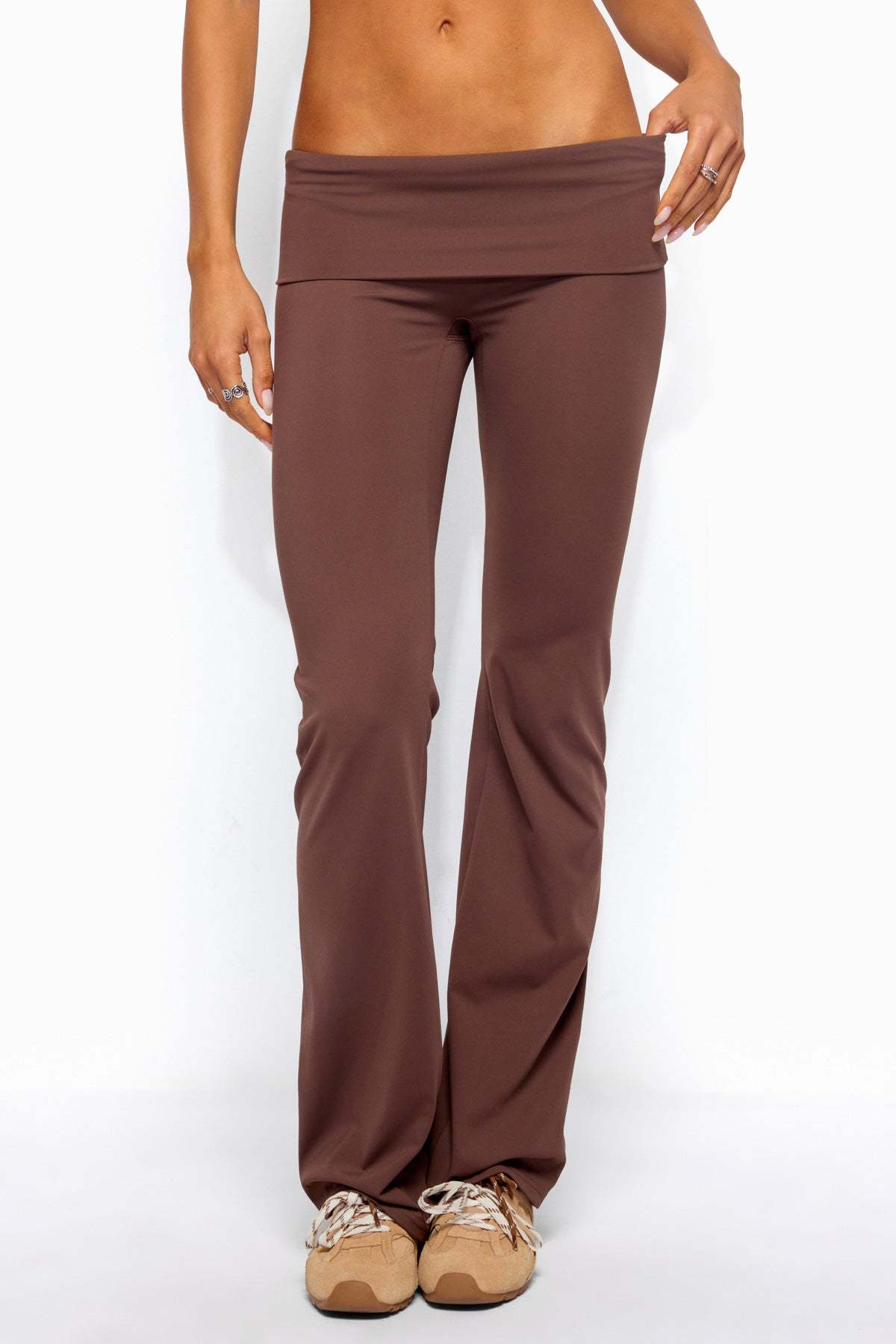 Oriane Foldover Flared Leggings - BROWN
