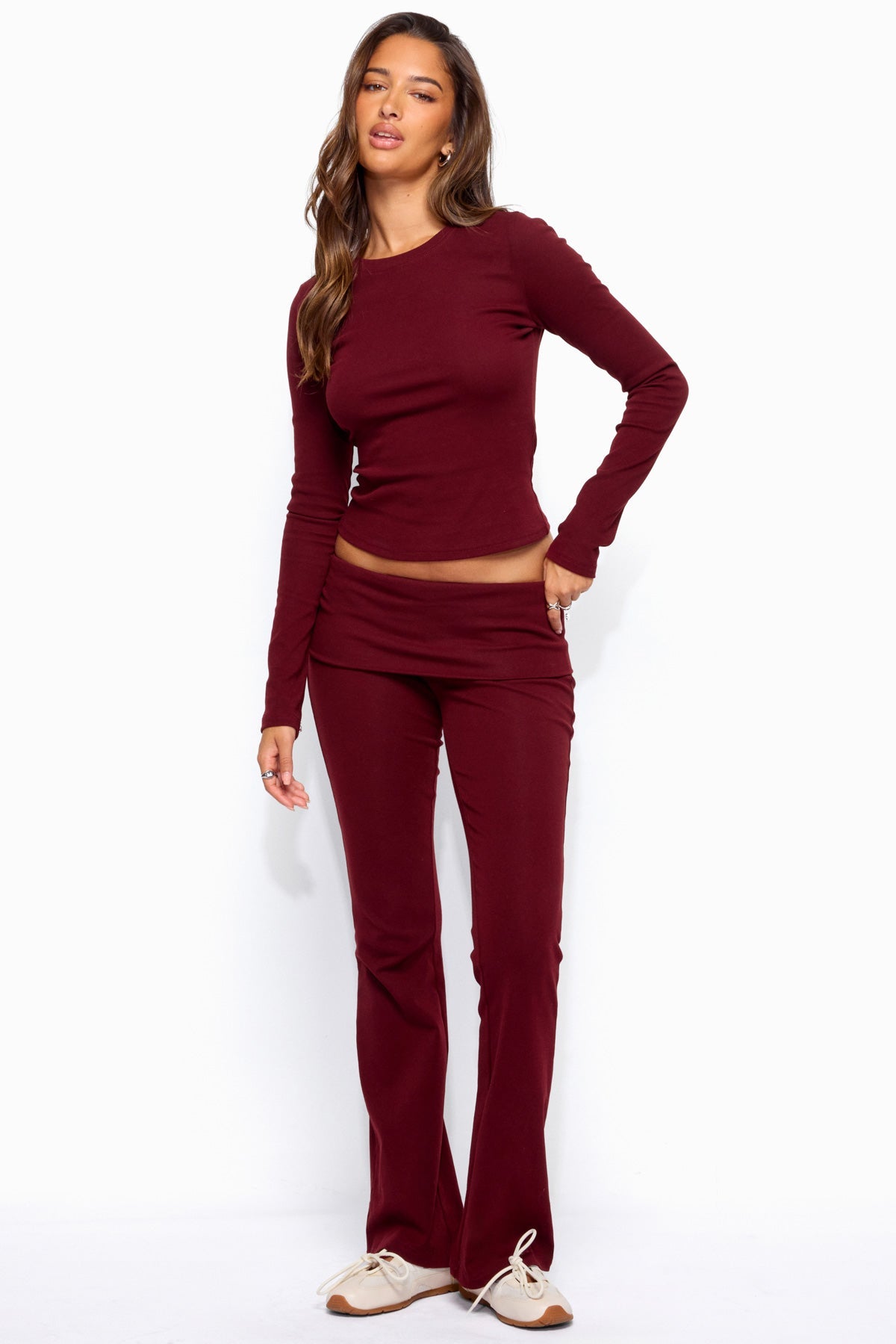 Ivanne Foldover Flared Pants - BURGUNDY