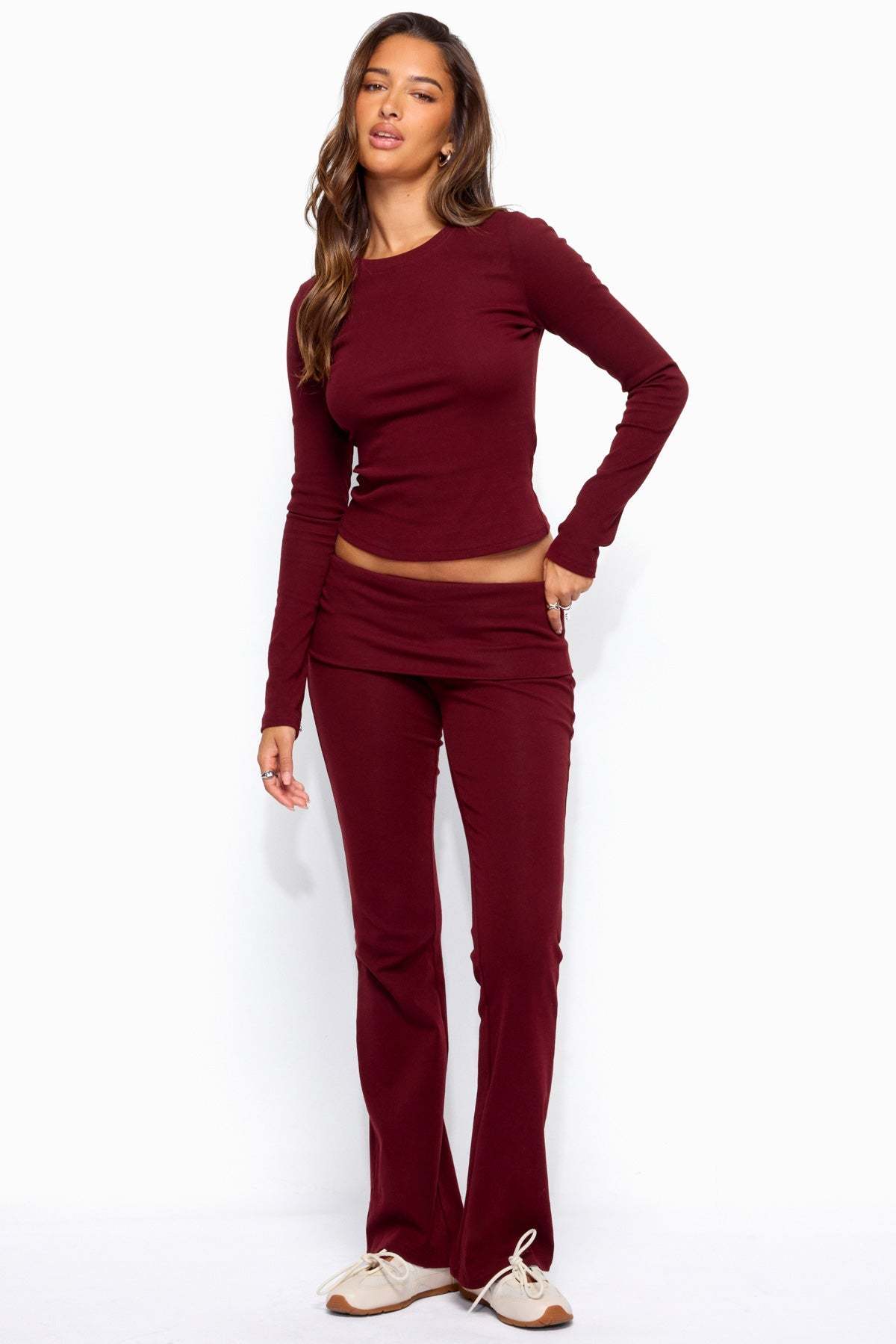 Ivanne Foldover Flared Pants - BURGUNDY
