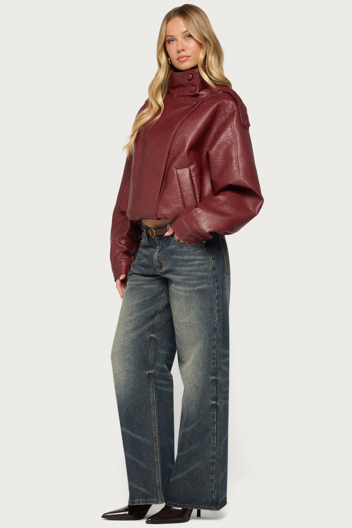 Jaicee High Neck Oversized Faux Leather Jacket - BURGUNDY