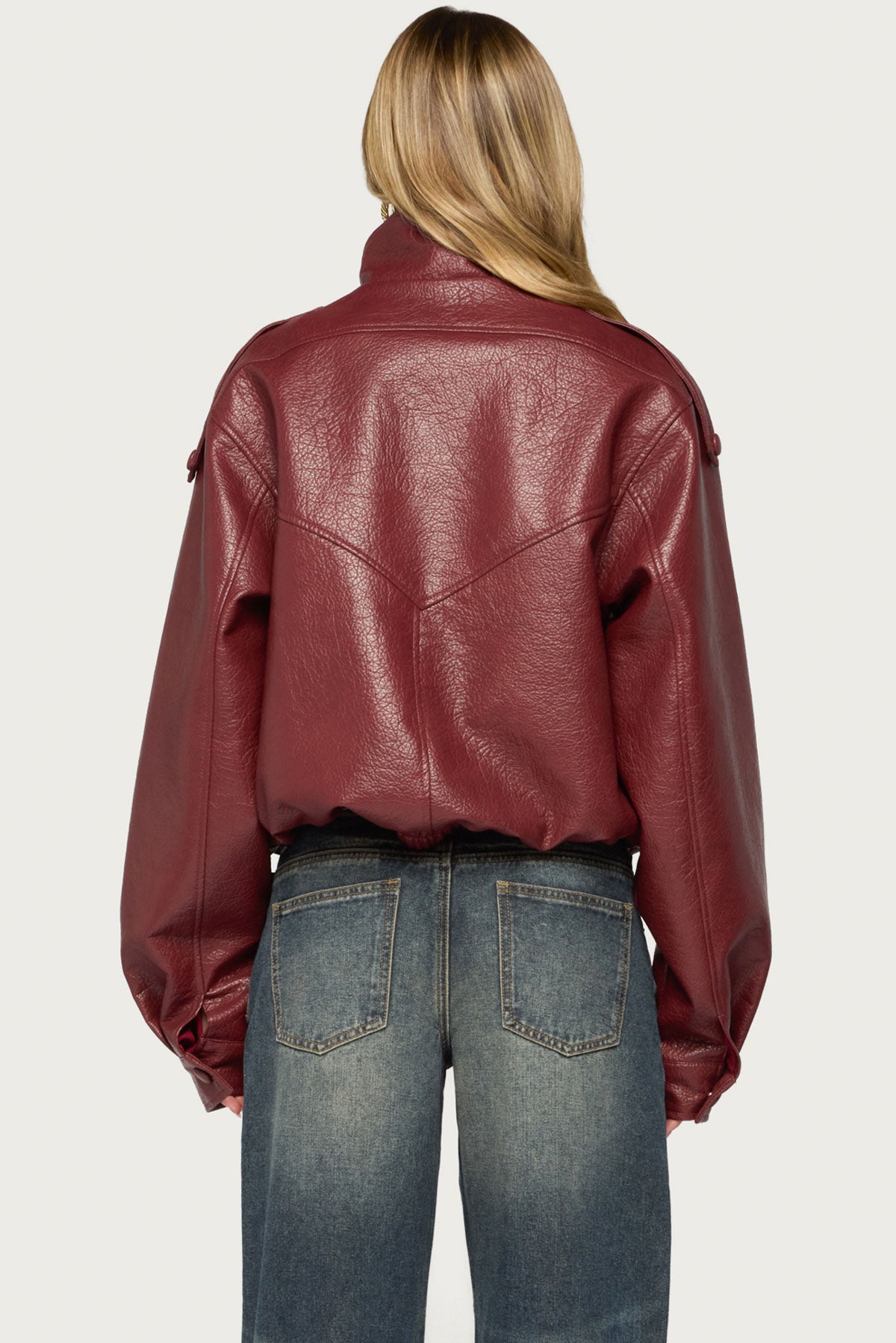 Jaicee High Neck Oversized Faux Leather Jacket - BURGUNDY