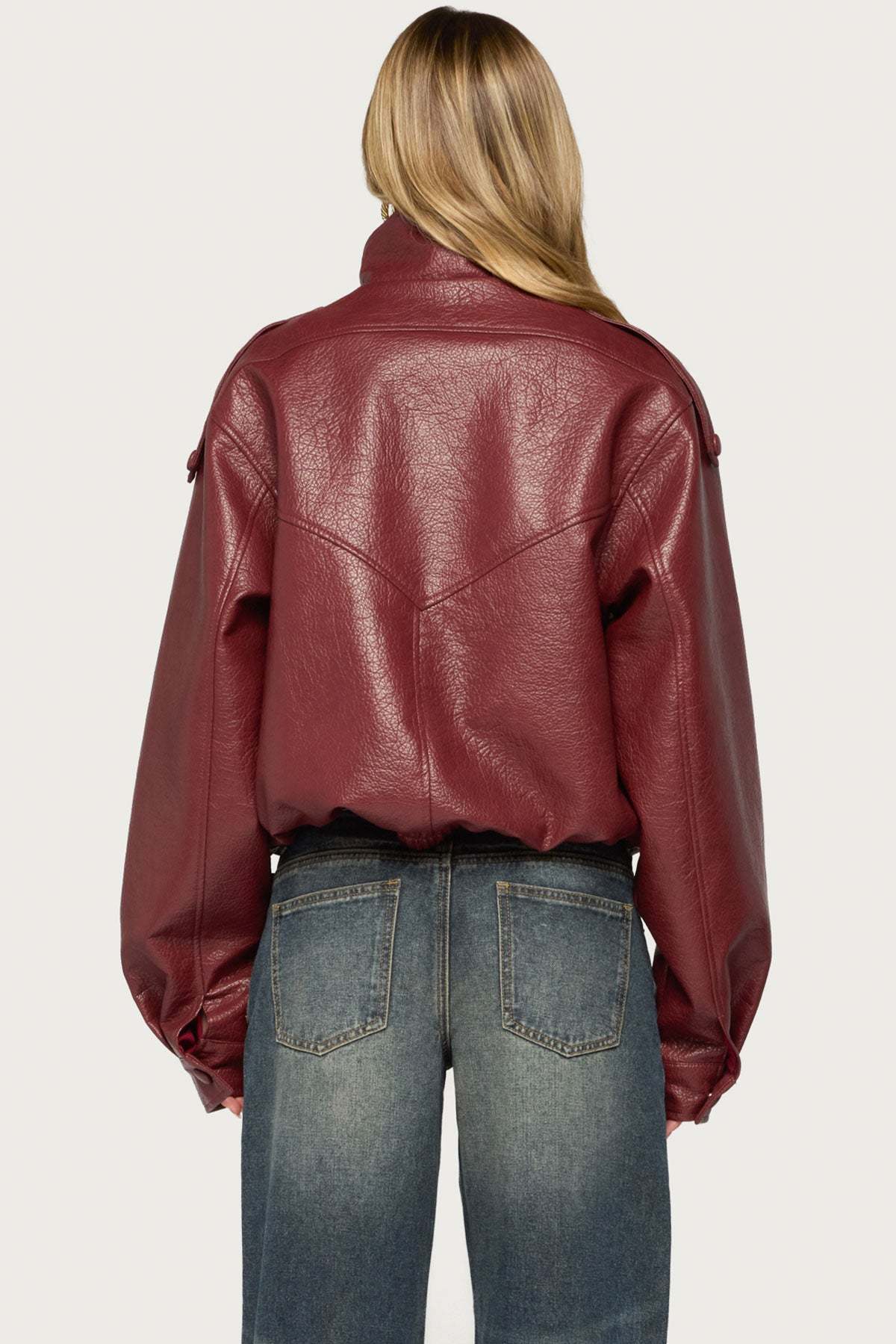 Jaicee High Neck Oversized Faux Leather Jacket - BURGUNDY