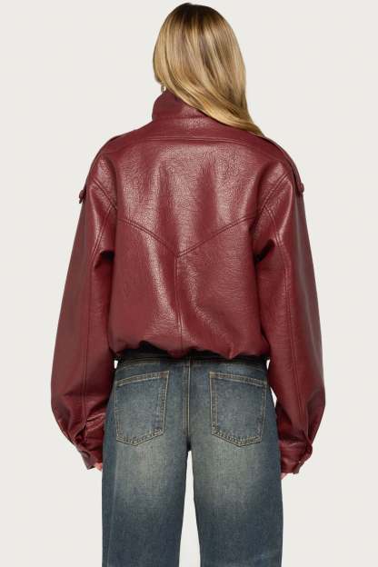 Jaicee High Neck Oversized Faux Leather Jacket - BURGUNDY
