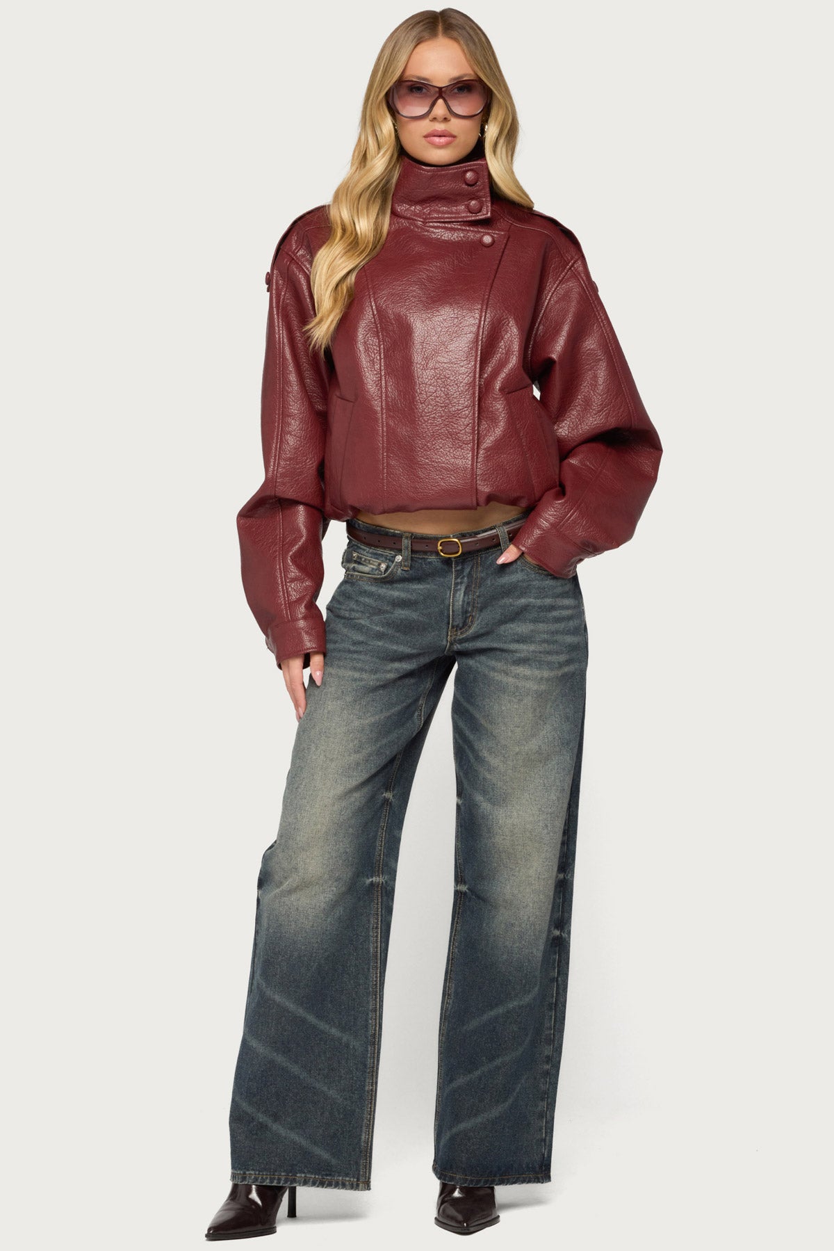 Jaicee High Neck Oversized Faux Leather Jacket - BURGUNDY