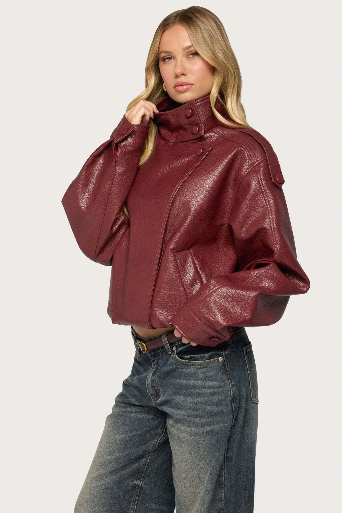 Jaicee High Neck Oversized Faux Leather Jacket - BURGUNDY
