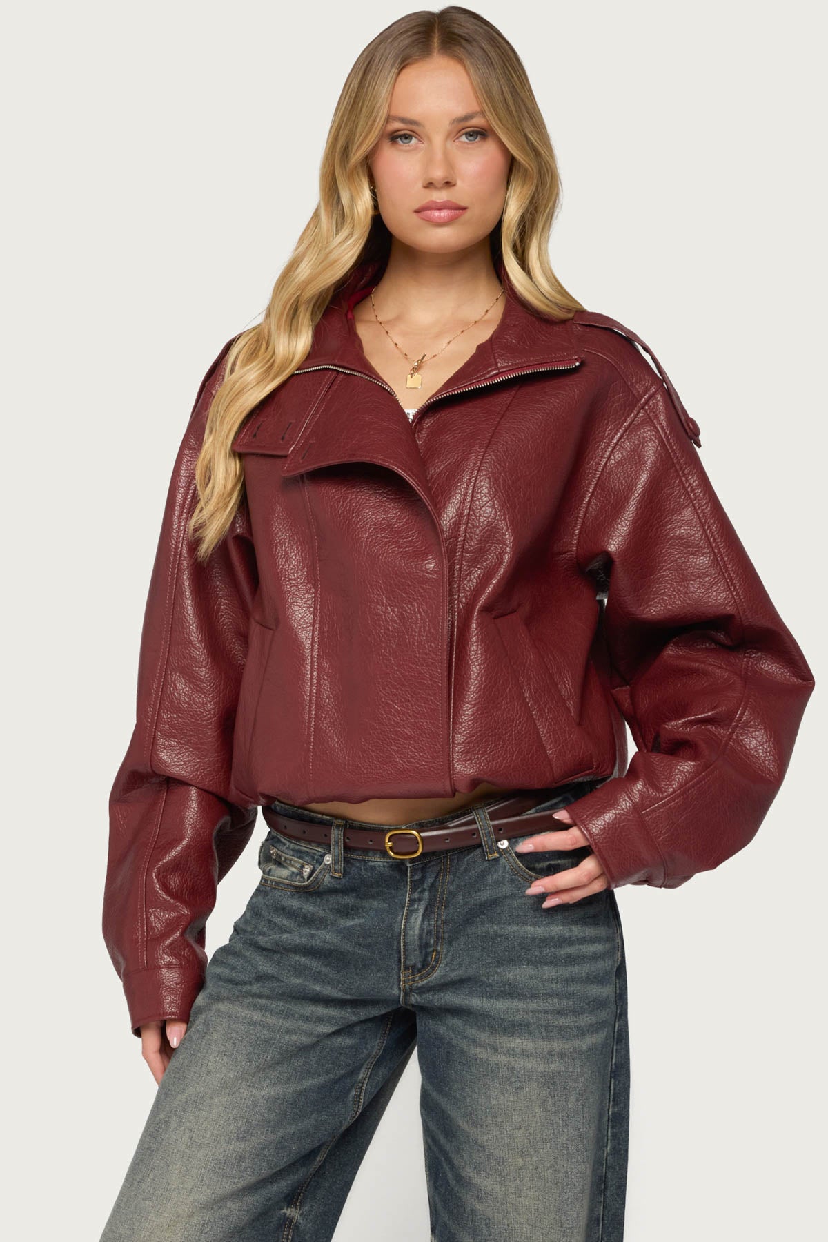 Jaicee High Neck Oversized Faux Leather Jacket - BURGUNDY