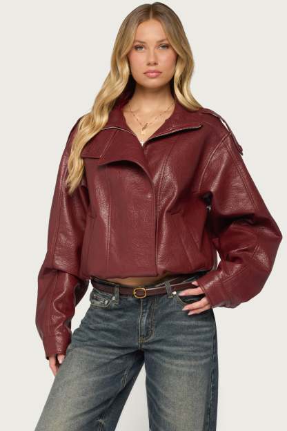 Jaicee High Neck Oversized Faux Leather Jacket - BURGUNDY