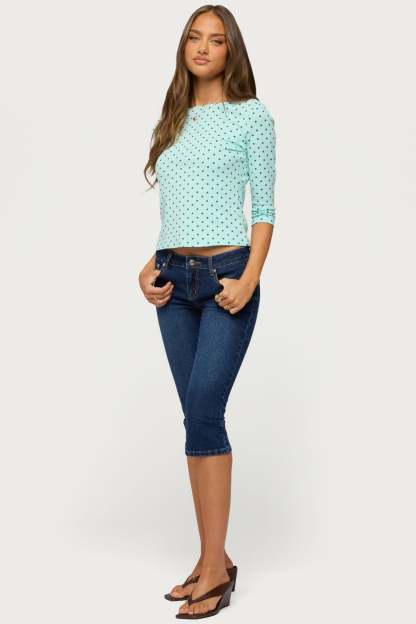 Lela Polka Dot Three-Quarter Sleeve Top - AQUA-AND-BROWN