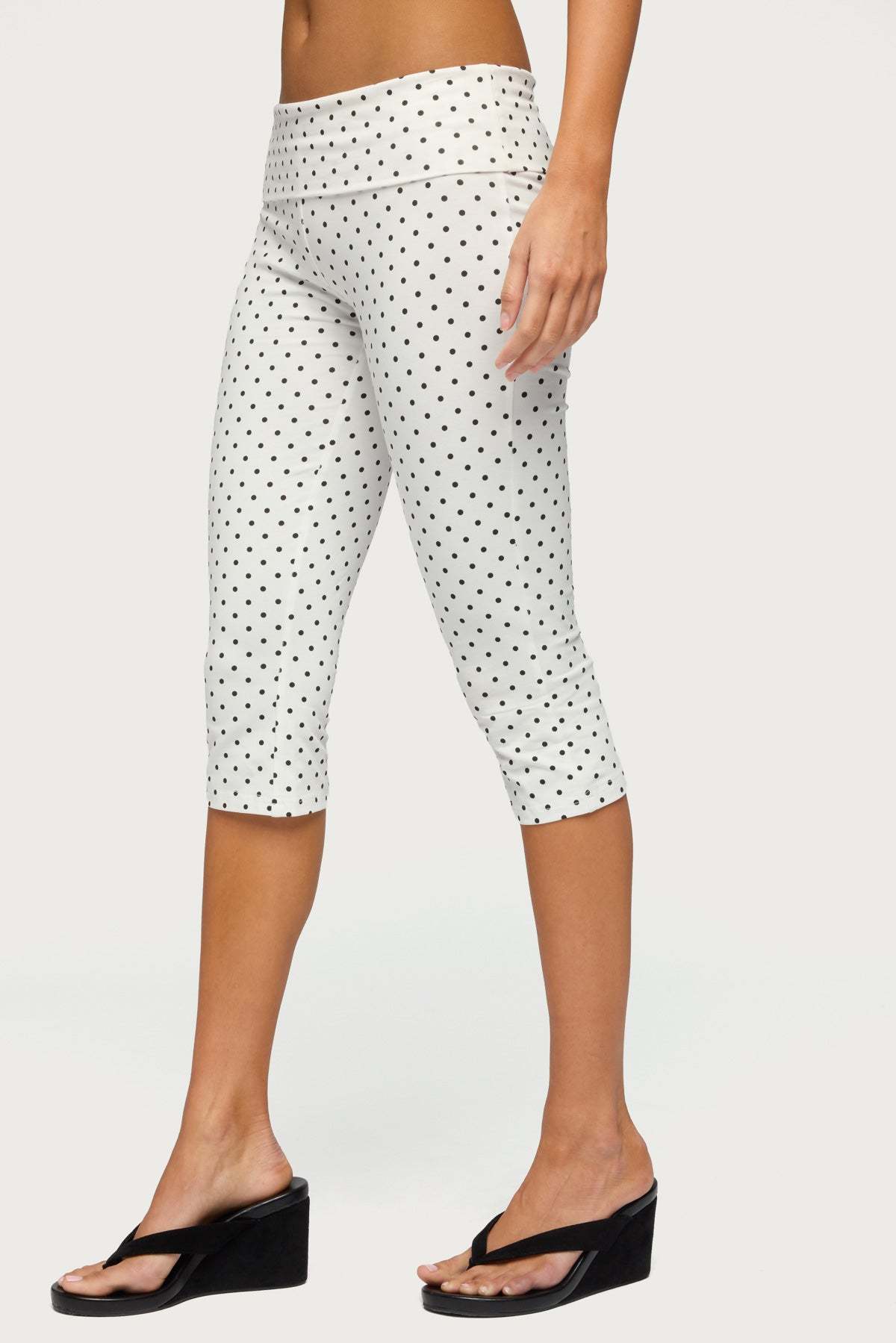 Eloisa Polka Dot Foldover Capri Pants - WHITE-AND-BLACK