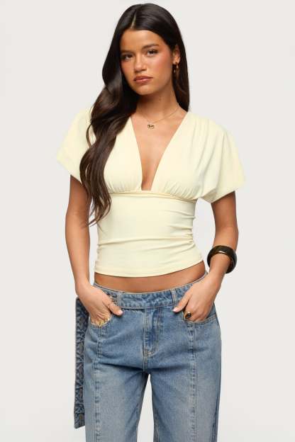 Flutter Plunging V Neck Top - LIGHT-YELLOW