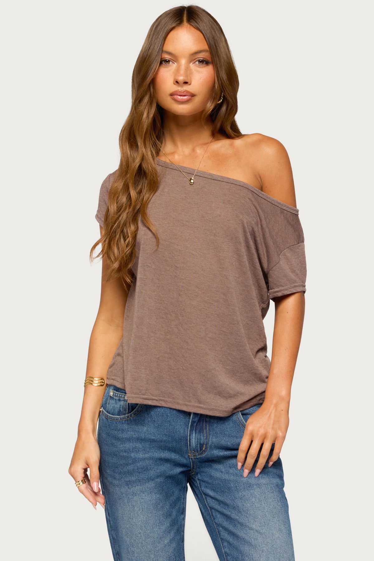 Amora Off Shoulder Sheer Top - BROWN