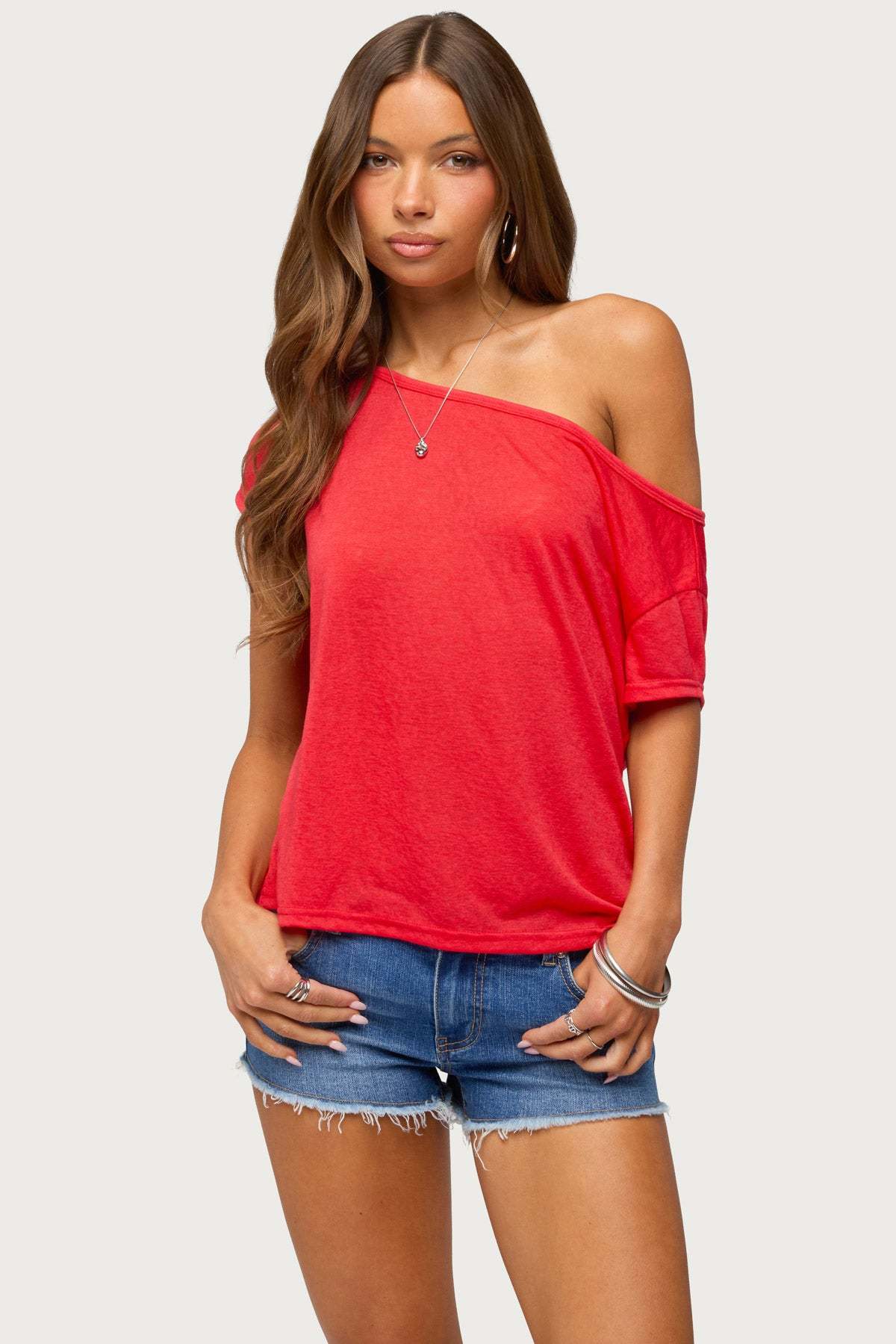 Amora Off Shoulder Sheer Top - RED