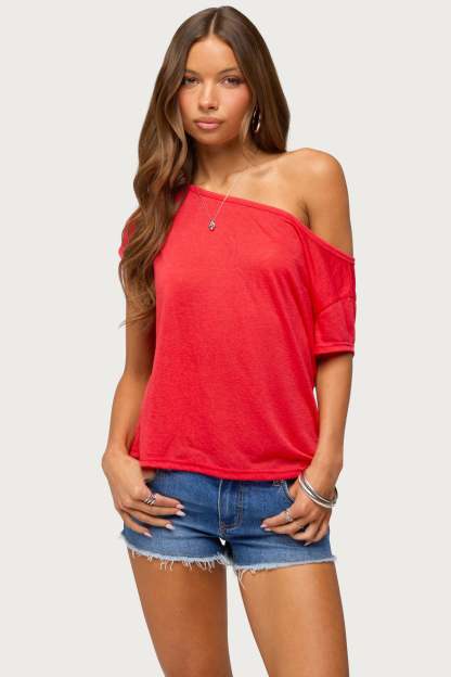 Amora Off Shoulder Sheer Top - RED