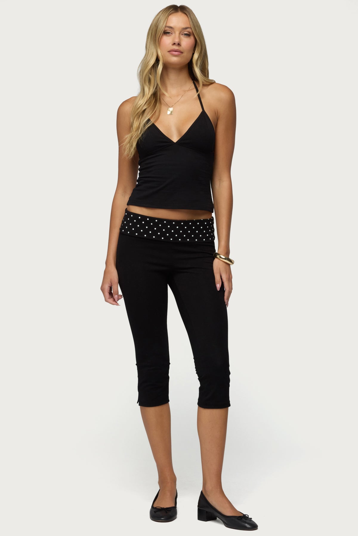 Genni Polka Dot Foldover Capri Pants - BLACK