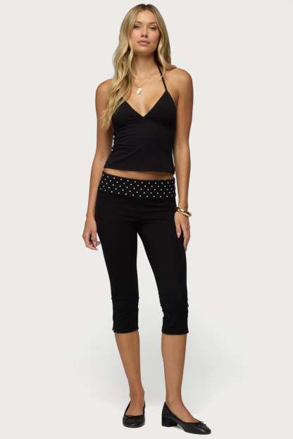 Genni Polka Dot Foldover Capri Pants - BLACK