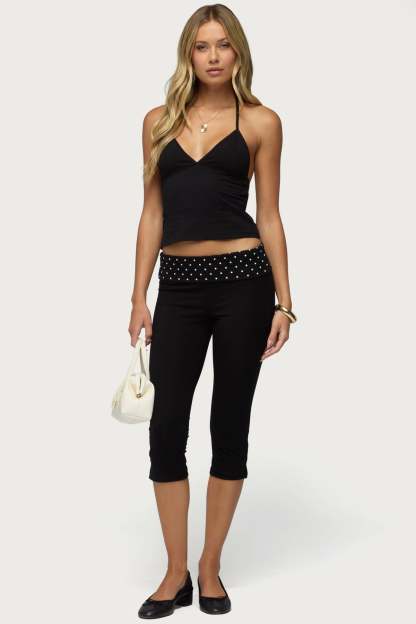 Genni Polka Dot Foldover Capri Pants - BLACK