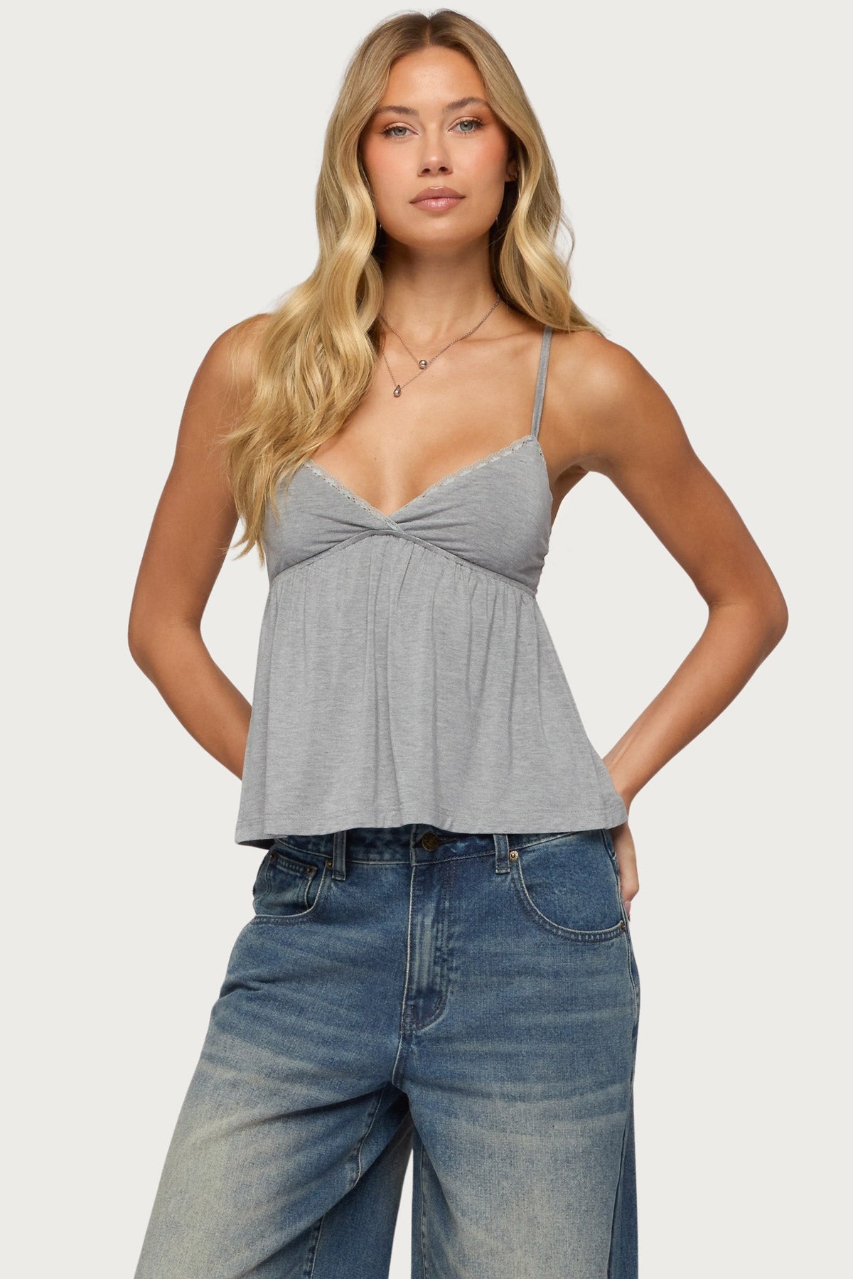 Belen Polka Dot Lacey Babydoll Top - GRAY-MELANGE
