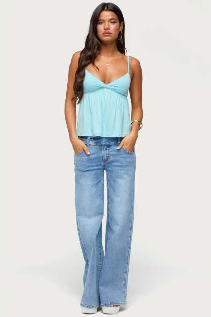 Belen Polka Dot Lacey Babydoll Top - TURQUOISE-AND-WHITE