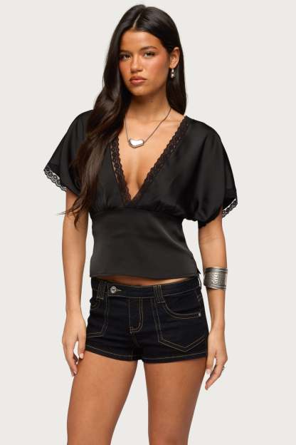 Ihara Lacey Cinched Waist Top - BLACK