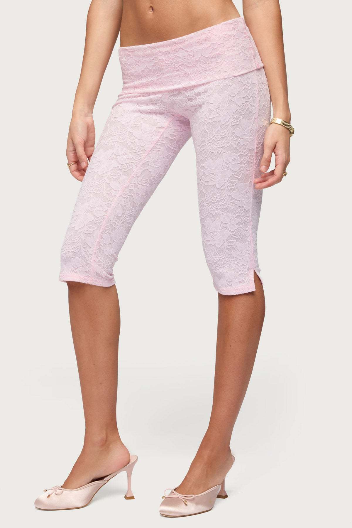 Talisa Foldover Lace Capri Leggings - LIGHT-PINK