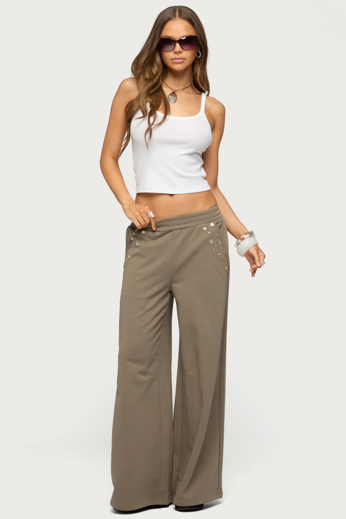 Zania Iridescent Button Sweatpants - TAUPE