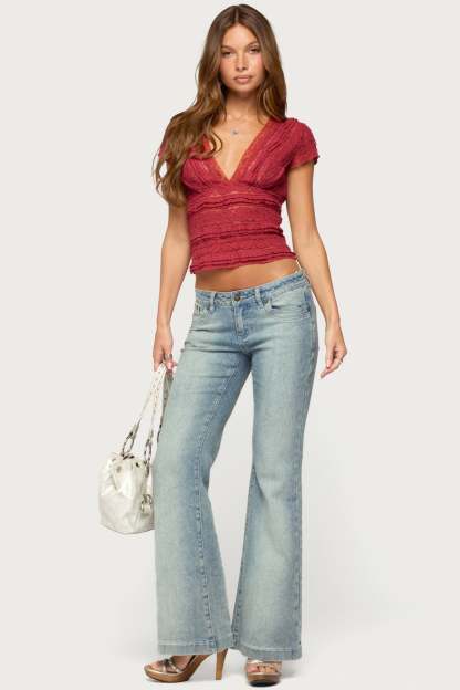 Avalee Sheer Lace V Neck Top - BURGUNDY