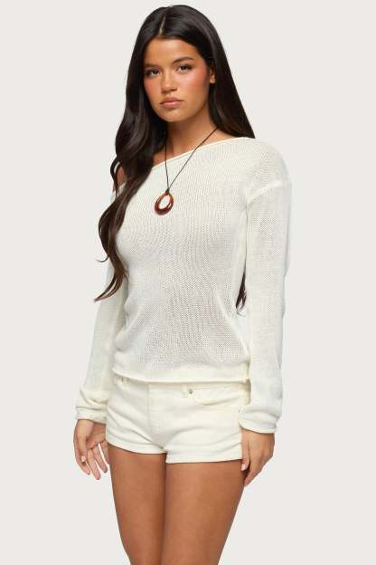 Violete Off Shoulder Sheer Sweater - CREAM
