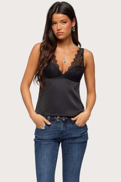 Vikkey Lacey Satin Effect Tank Top - BLACK