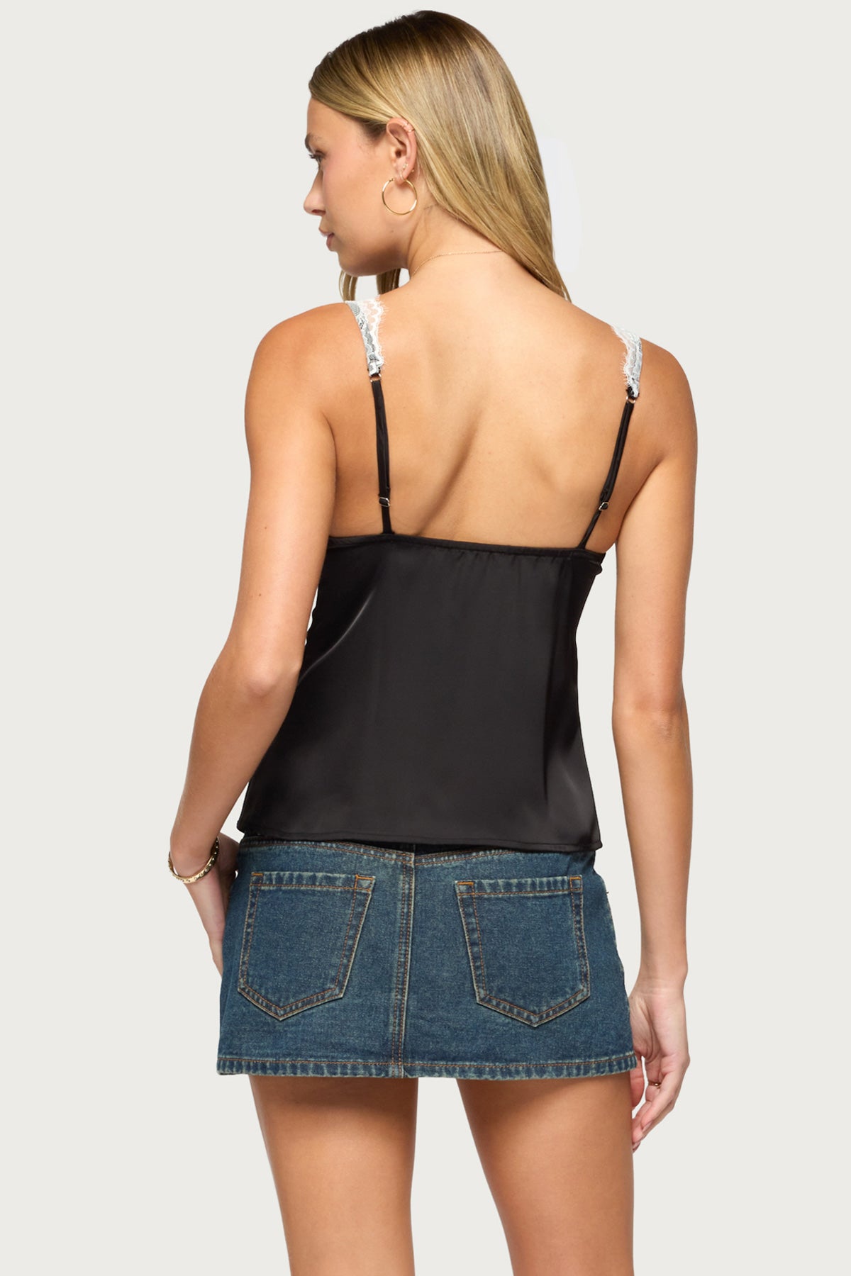 Vikkey Lacey Satin Effect Tank Top - BLACK-AND-WHITE